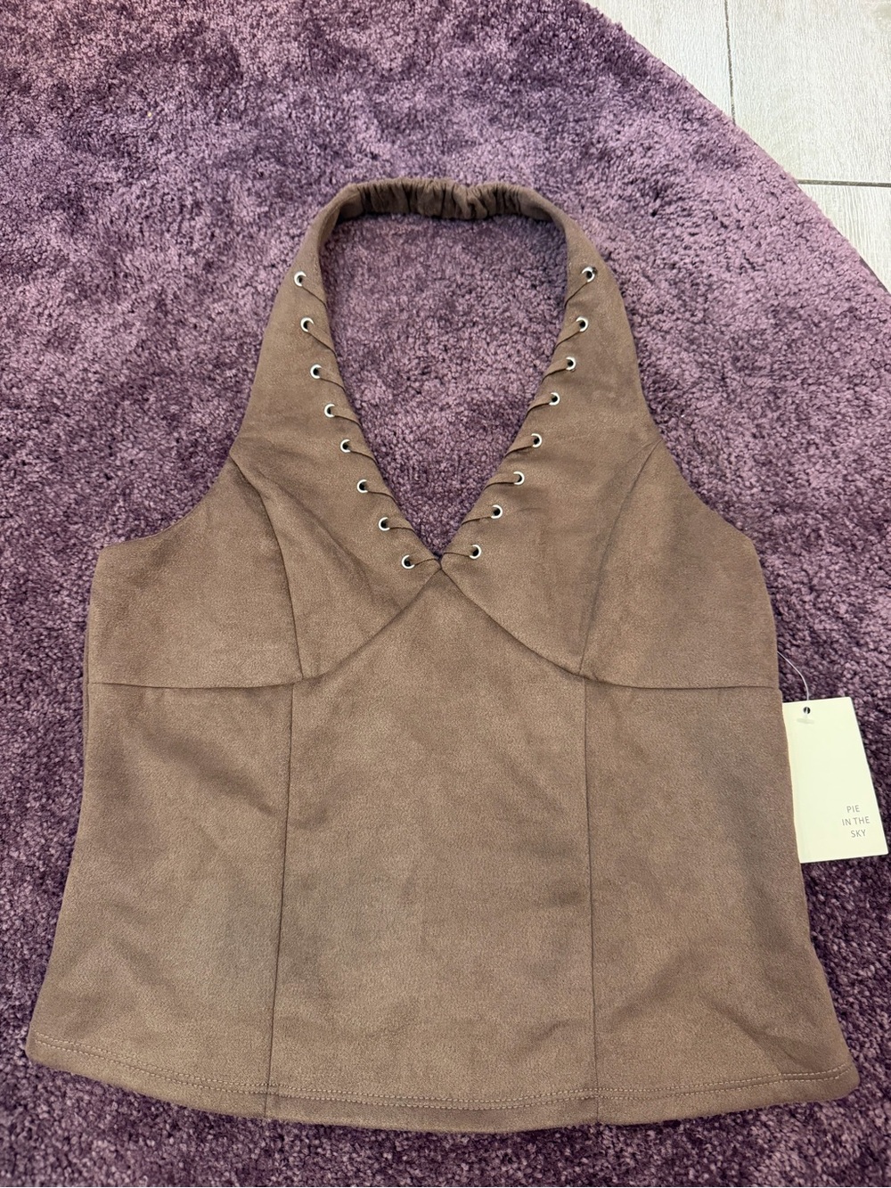 Suede-Look Lace-Up Halter Camisole in Taupe